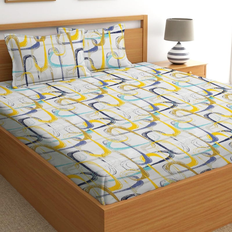 STARNSTYLE 100% Cotton Super Soft 240 Thread Count Elastic Fitted King Size Bedsheet with 2 Pillow Covers - White Yellow - Image 2